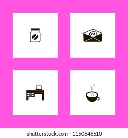 coffee icons. laptop desk, coffee cup heart, coffee jar and mail vector icons set