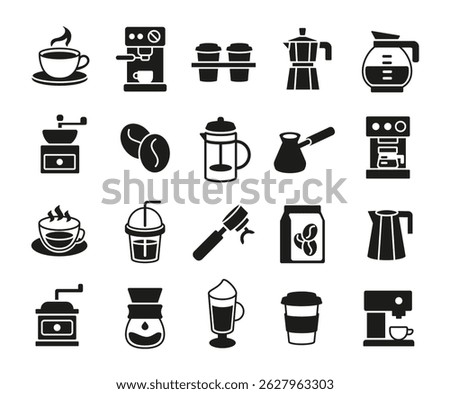 Coffee icons. Large set of coffee trendy minimal icons. Example: Cup, Machine, Beans, Kettle, Grinder, Moka, Milk icon. Design signs for web page, mobile app, packaging design. Vector illustration.