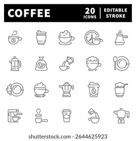 Coffee icons in line style. Hot rink, cacao, cup, cafe, mug, coffee related icons. Editable stroke