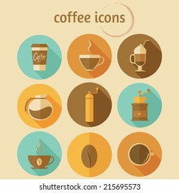 Coffee icons with long shadow. Vector set, flat design, EPS 10.