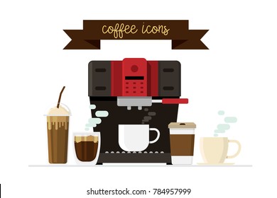 Coffee icons and coffee machine and cup drink elements on background. vector illustration