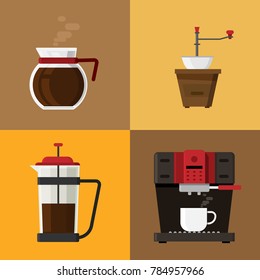 Coffee icons and coffee machine elements on background. vector illustration