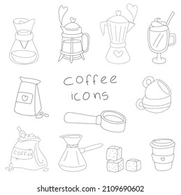 Iconos del café.
Cafetería, tazas, granos de café, filtro, bebidas de café