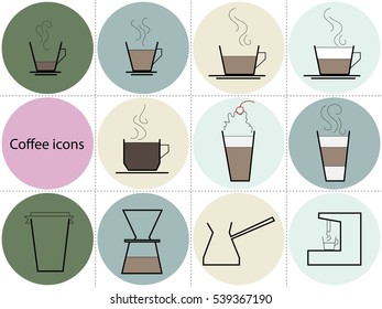 Coffee icons on colorful circles