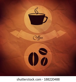 Coffee icons on folded paper texture