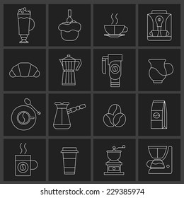 Coffee icons outline set with croissant turk coffee-bulb pot isolated vector illustration