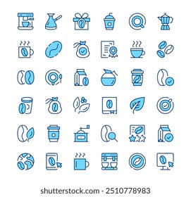 Coffee icons. Outline symbols. Vector blue line icons set
