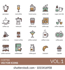 Coffee icons. Percolator, iced, french press, hand grinder, sugar, milk, moka pot, app, capsule, tree, instant, cocktail, pod, machine, coffeemaker, pack, croissant, cupcake. Cafe vector illustration.