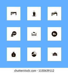 coffee icons. pie chart, room service, laptop desk and talking people vector icons set