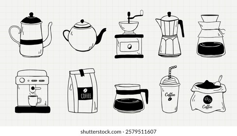 Coffee icons: pot, grinder, espresso maker, drip coffee, and bag. Coffee essentials for brewing and enjoying at home or cafe. Aesthetic cafe illustrations, isolated vector set.