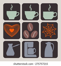 Coffee icons, retro style, bright color. Vector illustration of coffee cups. coffee pots, beans, coffee maker with heart and web