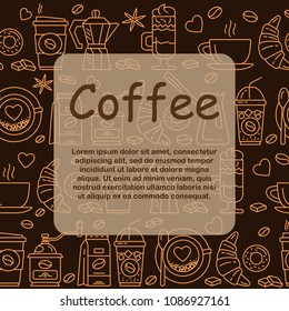 Coffee icons seamless pattern. Hot drinks flat line icons - coffeemaker machine, beans, cup, grinder. For restaurant menus, business cards, brand design, websites etc. Editable Stroke.