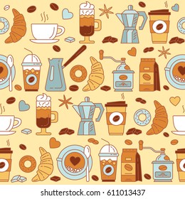 Coffee icons seamless pattern. Coffee house flat line icons. The elegant the template for fashion prints. Decorative backdrop for fabric, textile, wrapping paper, card, invitation, wallpaper.