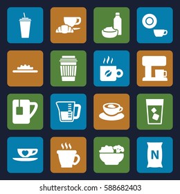 coffee icons set. Set of 16 coffee filled icons such as dish, drink, drink and food, bag with ground, cup with heart, tea cup, camera wheel, food