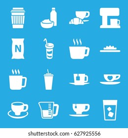 Coffee icons set. set of 16 coffee filled icons such as mug, drink, tea cup, drink and food, bag with ground, cup with heart, camera wheel, tea