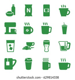 Coffee icons set. set of 16 coffee filled icons such as mug, vending machine, drink, drink and food, bag with ground, tea cup, decanted