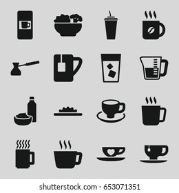 Coffee icons set. set of 16 coffee filled icons such as mug, vending machine, drink, tea cup, drink and food, cup with heart, camera wheel, food, decanted, turk