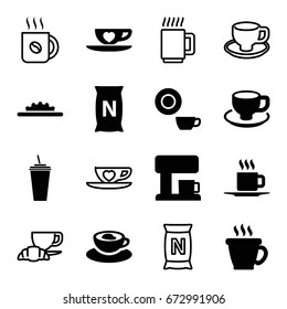 Coffee icons set. set of 16 coffee filled and outline icons such as dish, drink, bag with ground, cup with heart, cup, camera wheel