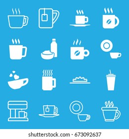 Coffee icons set. set of 16 coffee filled and outline icons such as mug, dish, drink, drink and food, cup with heart, cup, tea cup, camera wheel