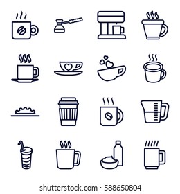 coffee icons set. Set of 16 coffee outline icons such as mug, drink, drink and food, cup with heart, cup, camera wheel, decanted