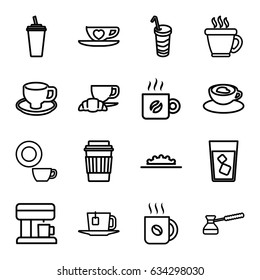 Coffee icons set. set of 16 coffee outline icons such as dish, drink, cup with heart, camera wheel, tea