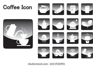 Coffee icons. Set of 16 coffee trendy minimal icons. Coffee grinder, Espresso machine, Coffee cup, French press. Design signs for web page, mobile app, packaging design. Vector illustration