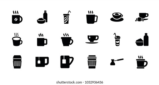 Coffee icons. set of 18 editable filled coffee icons: mug, drink, tea cup, drink and food, cup with heart, cup