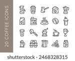 Coffee icons. Set of 20 coffee trendy minimal icons. Coffee grinder, Espresso machine, Coffee cup, French press. Design signs for web page, mobile app, packaging design. Vector illustration.