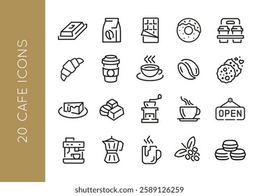 Coffee icons. Set of 20 coffee trendy minimal icons. Coffee grinder, Espresso machine, Coffee cup, French press. Design signs for web page, mobile app, packaging design. Vector illustration.