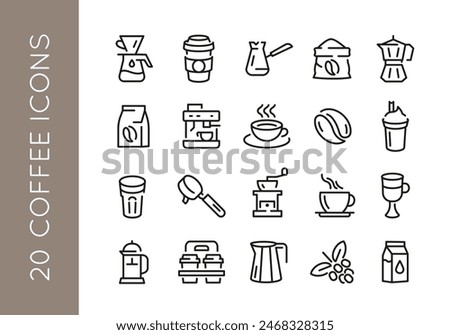 Coffee icons. Set of 20 coffee trendy minimal icons. Coffee grinder, Espresso machine, Coffee cup, French press. Design signs for web page, mobile app, packaging design. Vector illustration.