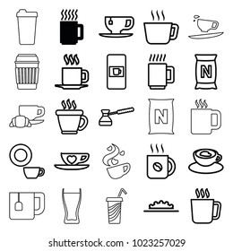 Coffee icons. set of 25 editable outline coffee icons such as mug, vending machine, dish, tea, tea cup, bag with ground, cup with heart, camera wheel, turk