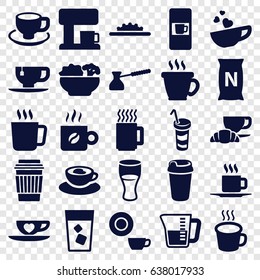 Coffee icons set. set of 25 coffee filled icons such as mug, vending machine, dish, drink, tea cup, bag with ground, camera wheel, food, decanted