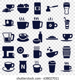 Coffee icons set. set of 25 coffee filled icons such as mug, vending machine, dish, drink, tea cup, drink and food, bag with ground, camera wheel, tea, food, decanted