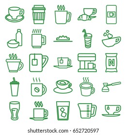 Coffee icons set. set of 25 coffee outline icons such as mug, vending machine, drink, tea cup, drink and food, bag with ground, camera wheel, tea, decanted