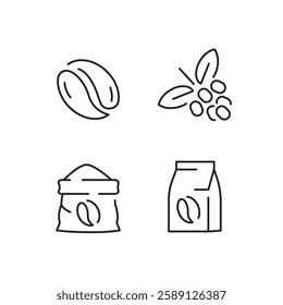 Coffee icons. Set of 4 coffee trendy minimal icons. Coffee bin, Coffee cup, French press. Design signs for web page, mobile app, packaging design. Vector illustration.