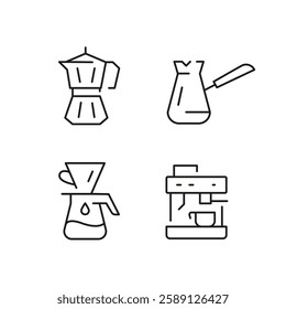 Coffee icons. Set of 4 coffee trendy minimal icons. Coffee grinder, Espresso machine, Coffee cup, French press. Design signs for web page, mobile app, packaging design. Vector illustration.