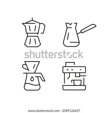 Coffee icons. Set of 4 coffee trendy minimal icons. Coffee grinder, Espresso machine, Coffee cup, French press. Design signs for web page, mobile app, packaging design. Vector illustration.