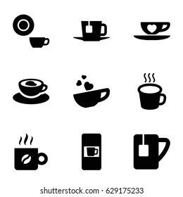 Coffee icons set. set of 9 coffee filled icons such as vending machine, dish, cup with heart, tea cup, cup, tea