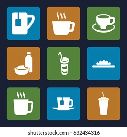 Coffee icons set. set of 9 coffee filled icons such as mug, drink, coffee cup, drink and food, tea cup, camera wheel