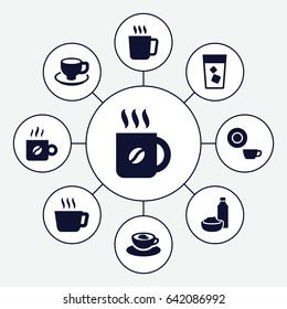 Coffee icons set. set of 9 coffee filled icons such as mug, dish, drink, drink and food, cup with heart
