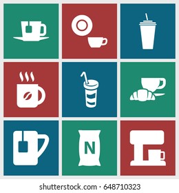 Coffee icons set. set of 9 coffee filled icons such as dish, drink, bag with ground, tea cup