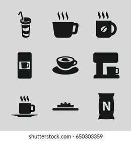Coffee icons set. set of 9 coffee filled icons such as vending machine, drink, bag with ground, cup with heart, cup, camera wheel