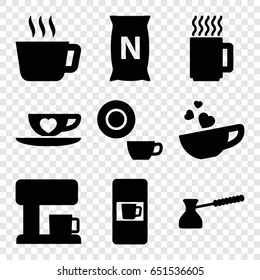Coffee icons set. set of 9 coffee filled icons such as vending machine, dish, bag with ground, cup with heart, turk, coffee machine, mug