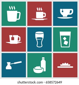 Coffee icons set. set of 9 coffee filled icons such as mug, drink, tea cup, drink and food, cup, camera wheel, tea