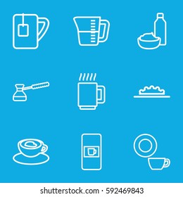 coffee icons set. Set of 9 coffee outline icons such as vending machine, dish, drink and food, cup with heart, tea cup, camera wheel, decanted, turk