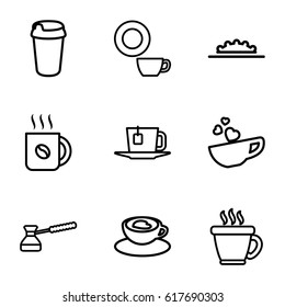 Coffee icons set. set of 9 coffee outline icons such as coffee, dish, drink, cup with heart, camera wheel, tea