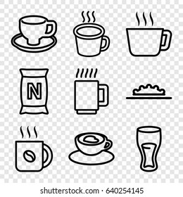 Coffee icons set. set of 9 coffee outline icons such as drink, bag with ground, cup with heart, cup, camera wheel, mug