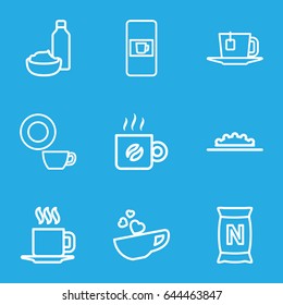 Coffee icons set. set of 9 coffee outline icons such as vending machine, dish, drink and food, bag with ground, cup with heart, cup, camera wheel, tea