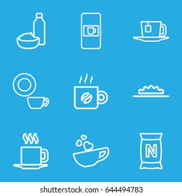 Coffee icons set. set of 9 coffee outline icons such as vending machine, dish, drink and food, bag with ground, cup with heart, cup, camera wheel, tea