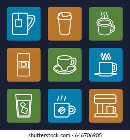 Coffee icons set. set of 9 coffee outline icons such as vending machine, drink, tea cup